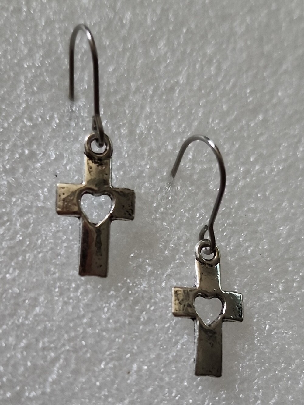 Hand Crafted Silver Cross Heart Dangle Earrings